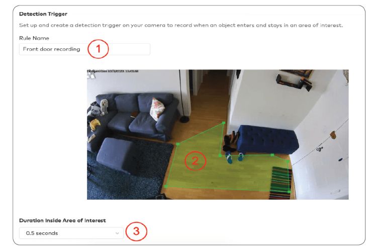 Graphic demonstrating how to set up a Detection Trigger for a video security system.