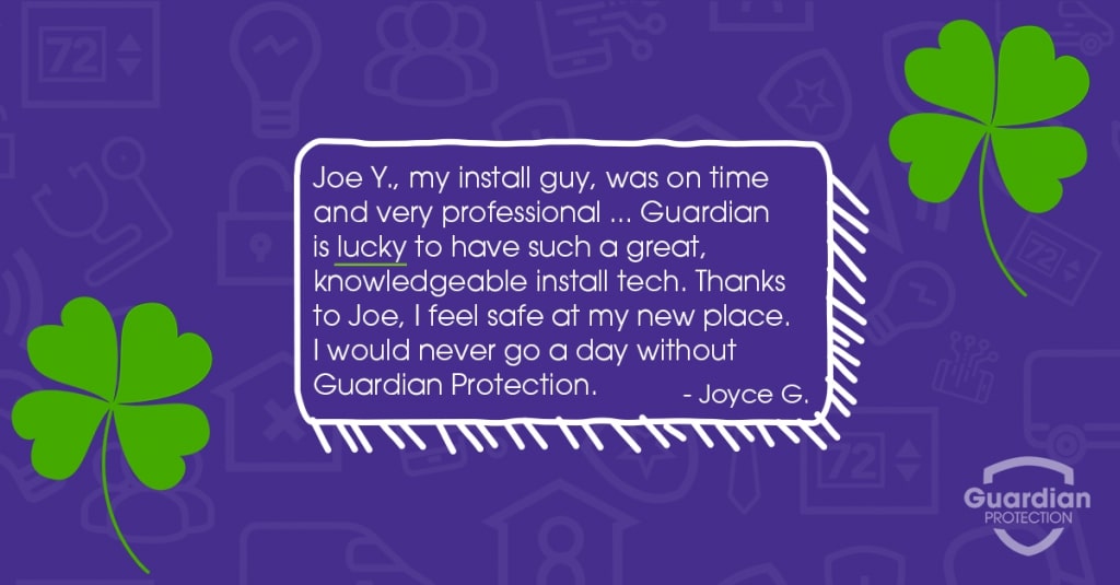 This graphic shows a testimonial about Guardian Protection from Joyce G, who said their installation process went smoothly.
