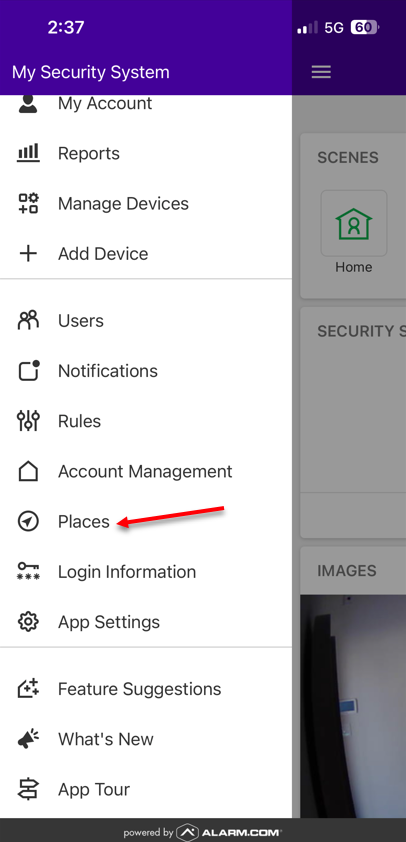 Screenshot from the Guardian Protection app showing where to find the Places option on the left side of the screen