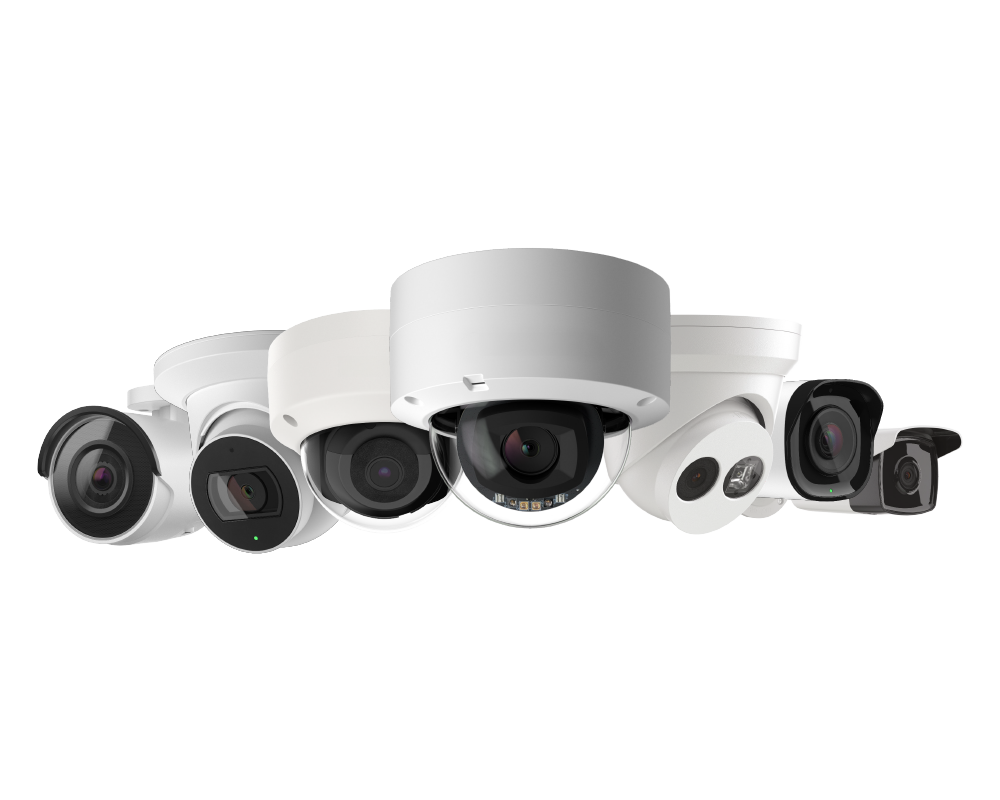 Various commercial security cameras shown in a row