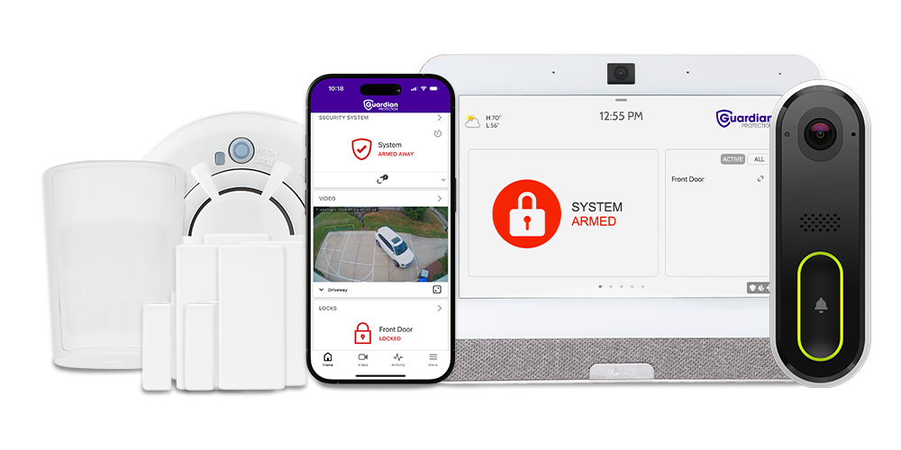 Guardian Protection home security system with video doorbell camera and iPhone open to Guardian app home screen