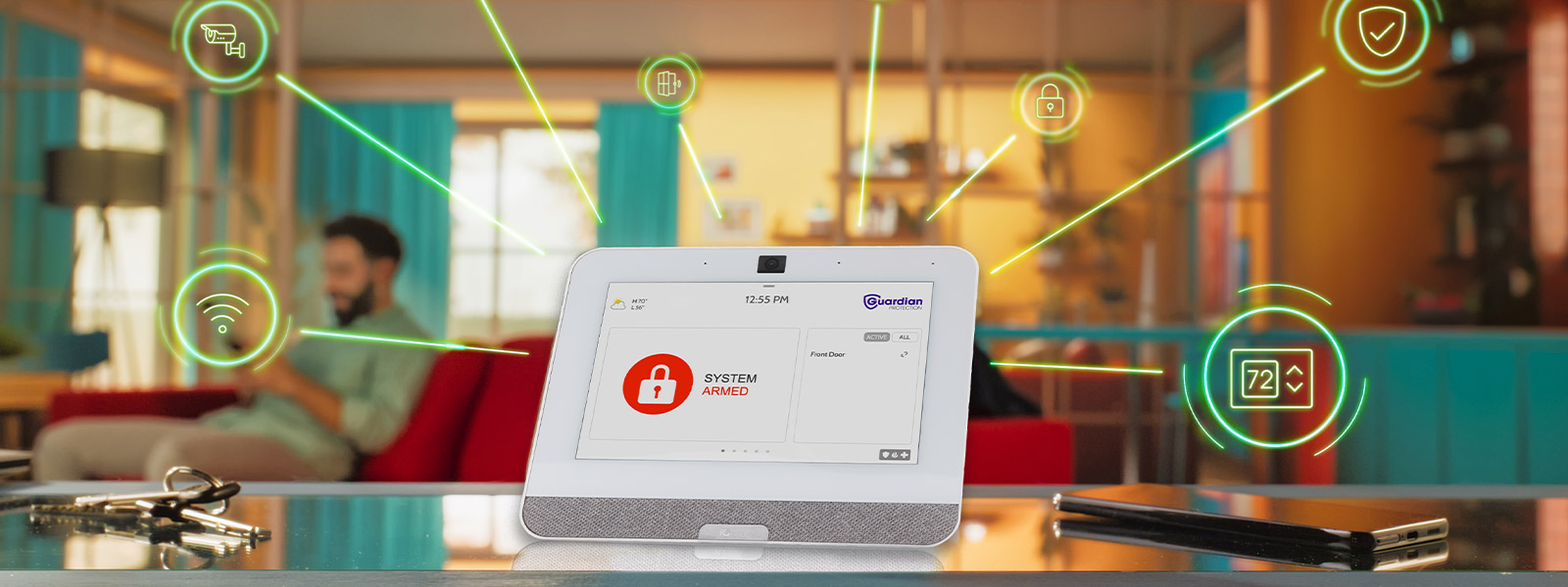 Guardian Protection security panel, part of our professional home security systems, showing various smart automation features