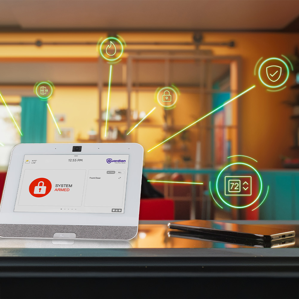 Guardian Protection home security panel showing icons of home automation capabilities