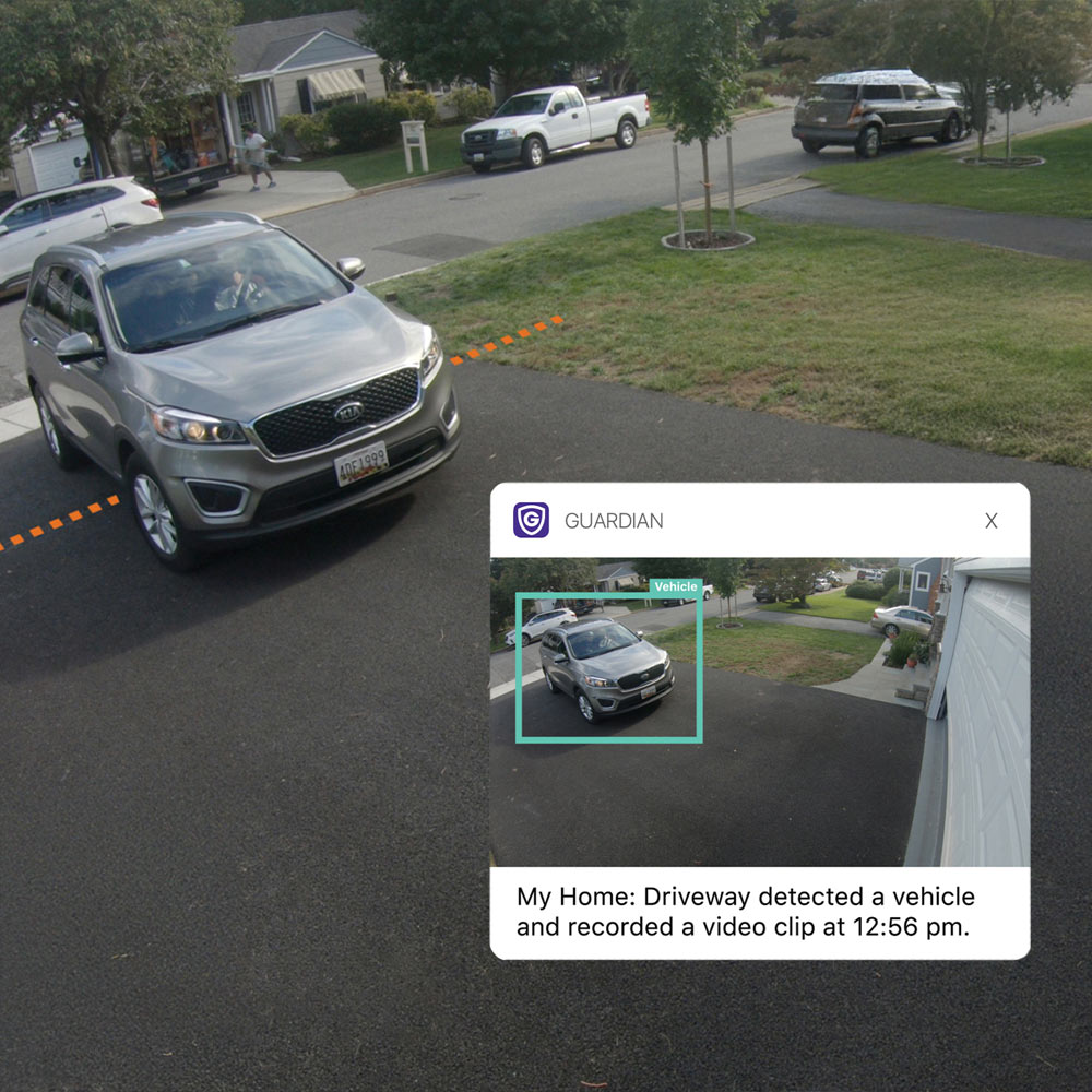 Guardian Protection Outdoor Camera capturing car in driveway with Video Analytics
