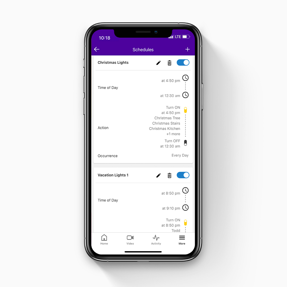 Guardian Protection app showing a lights schedule