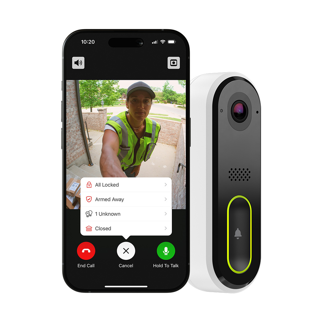Guardian Protection's video doorbell camera and the Guardian app open to show a front porch delivery