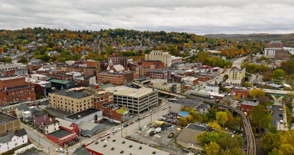 Aerial shot of Morgantown, WV