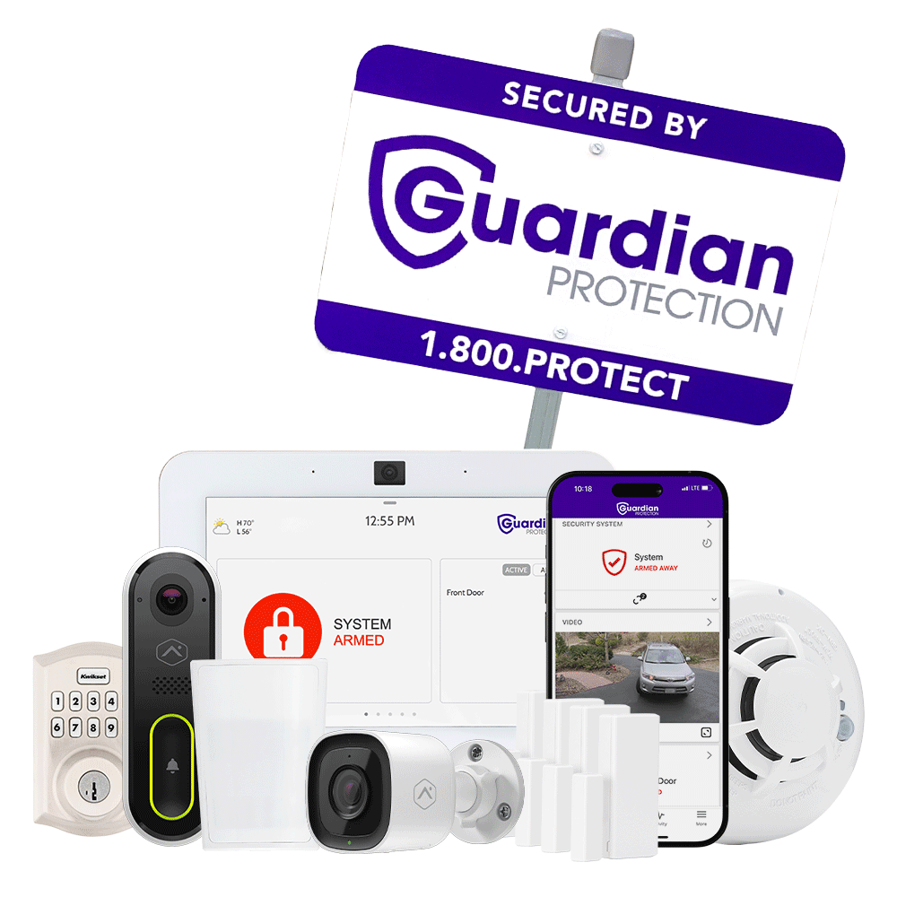 Devices included in The Burglar Buster Home Security Package with mobile app and Guardian Protection yard sign
