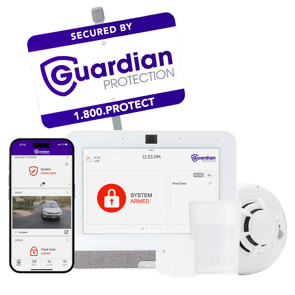 Devices included in The Essentials Home Security Package with mobile app and Guardian Protection yard sign