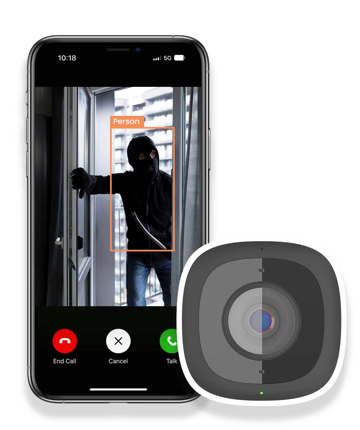 Guardian Protection Indoor Security Camera with mobile view of intruder on live camera feed