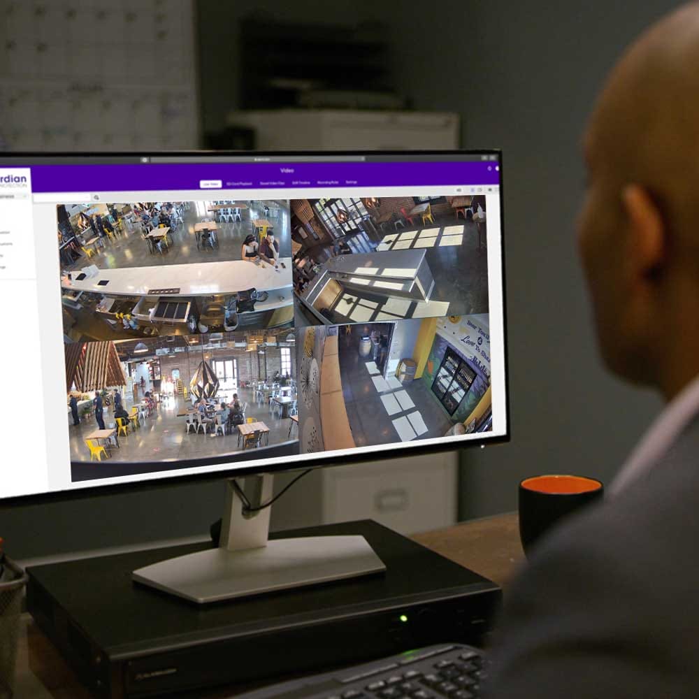 Manager viewing restaurant surveillance camera footage from his computer