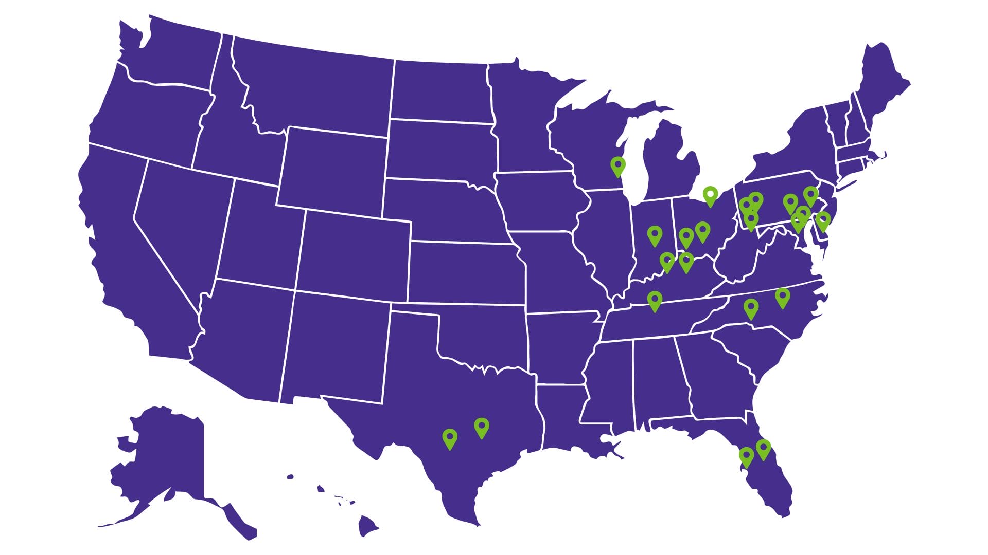 Map of United States with locations featured in post highlighted